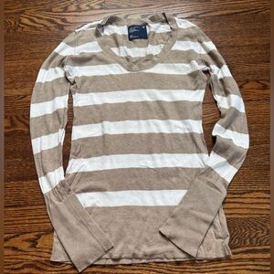 American Eagle Striped Long Sleeve Sweater Top Women’s Small Tan Cream